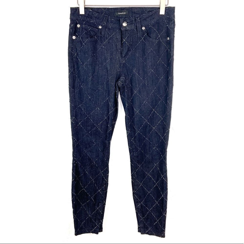Bebe Diamond Pick Blue Dark Wash Skinny Ankle Zip Denim Jeans 27